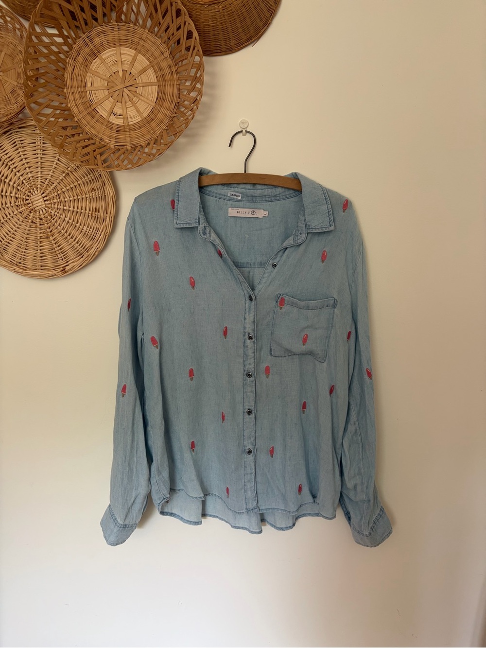 Light Blue Linen-Blend Button Down Shirt with Pink Embroidery